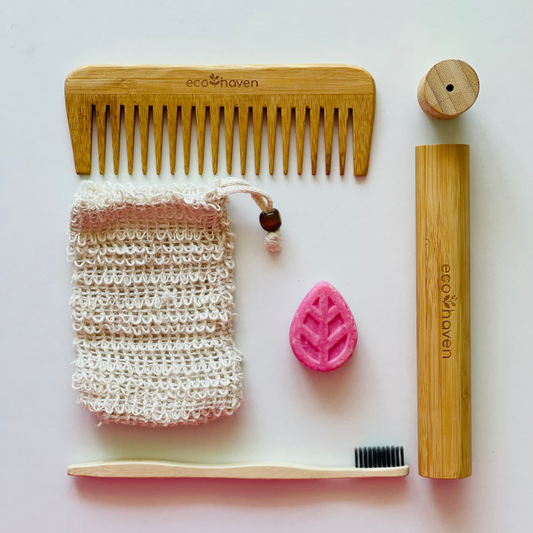 Waste Less Travel Kit - Shampoo/Soap Bar - Soap Bag - Detangler - Bamboo Toothbrush Travel Case - Bamboo Toothbrush
