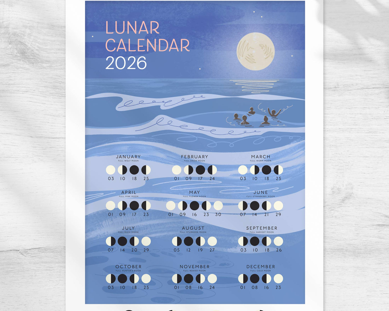 Lunar calendar for 2026 with moon phases on a blue background