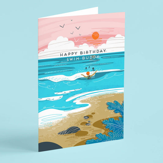 Happy birthday swim buddy greeting card - illustrated by Onneke
